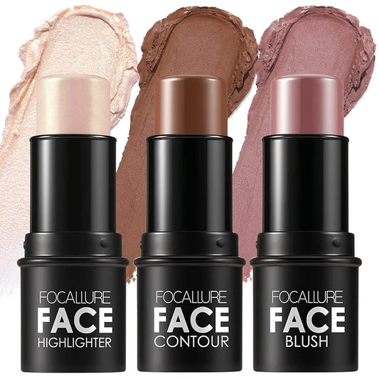 FOCALLURE 3 Pcs Cream Contour Sticks,Shades with Highlighter & Bronzer & Blush,Non-greasy Long-wear Face Contouring Pen,Easy to Sculpt the Face and Create a Lightweight Finishing Makeup,NEUTRAL-BrightBean Baby