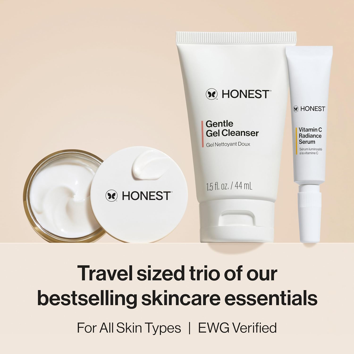 Honest Beauty The Icons Skincare Trio Travel Kit | Mini Hydrogel Cream, Gentle Gel Cleanser, Vitamin C Radiance Serum | Gentle for Sensitive Skin + Vegan-BrightBean Baby