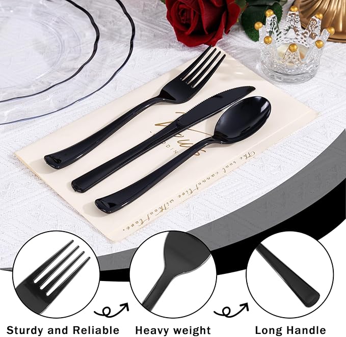 Supernal 300 Pieces Black Plastic Silverware Disposable Cutlery Black Disposable Silverware Heavy Duty Plastic Cutlery Set 100 Forks 100 Knives 100 Spoons for Wedding Party Supplies Everyday Use