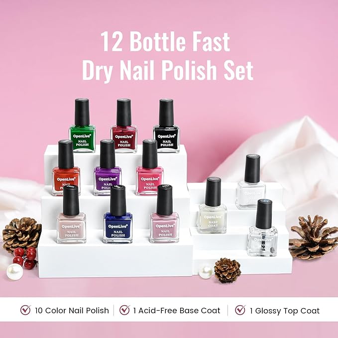 12 PCS Nail Polish Set With 10 Colour Combo, 2 PCS Base And Top Coat,Fast Drying Nail Polish For Home DIY And Beginners.-BrightBean Baby