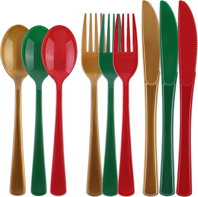 300 Pieces Christmas Plastic Silverware Heavy Duty Plastic Cutlery Set Heavyweight Disposable Flatware Includes Christmas Spoons Forks Knifes for Christmas New Year Party