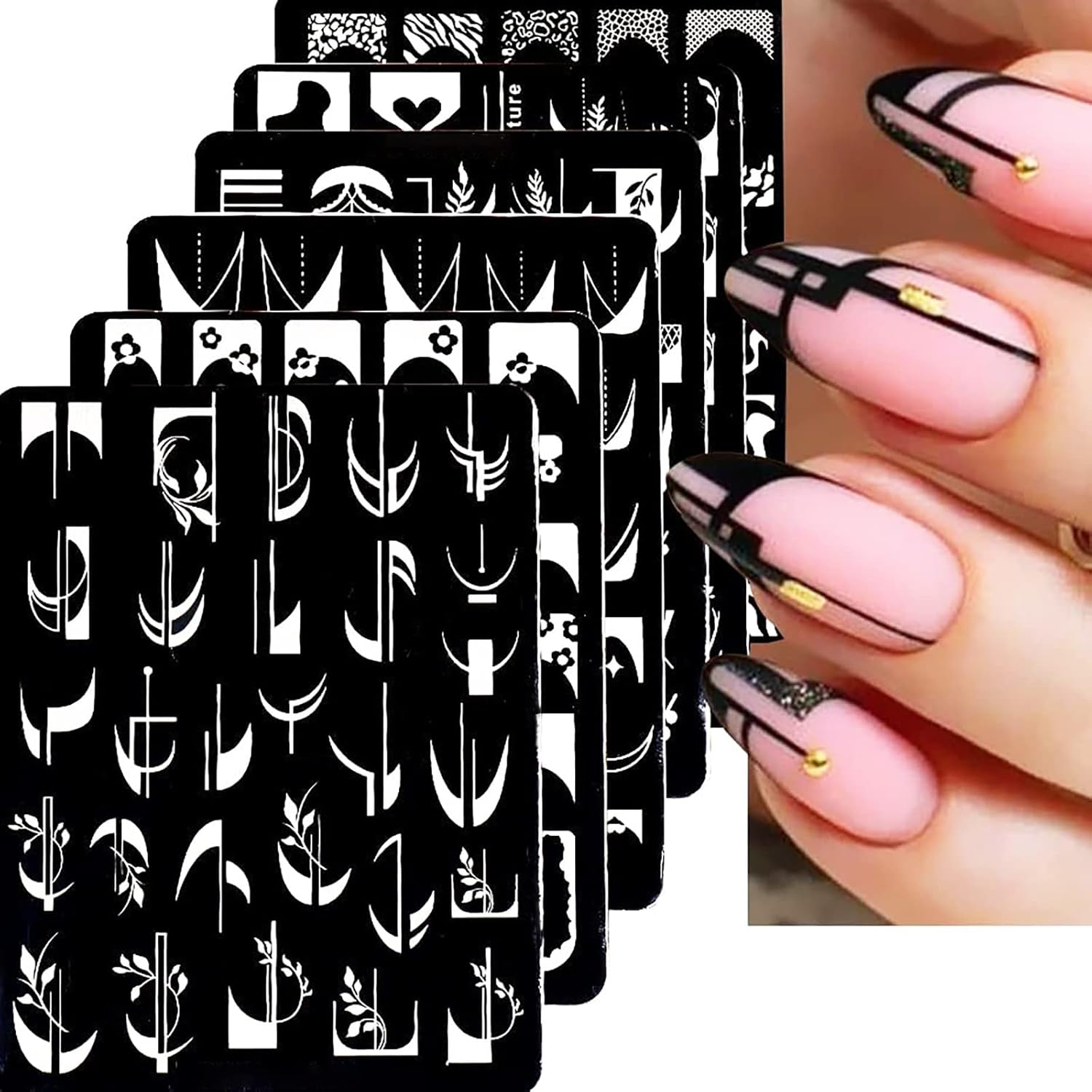 6Pcs Nail Art Stamping Templates Set with French Line Flowers Leaves Smiley Heart Design Art Stamping Kits DIY Printing Tools Fashion Art Decoration for Women and Girls-BrightBean Baby