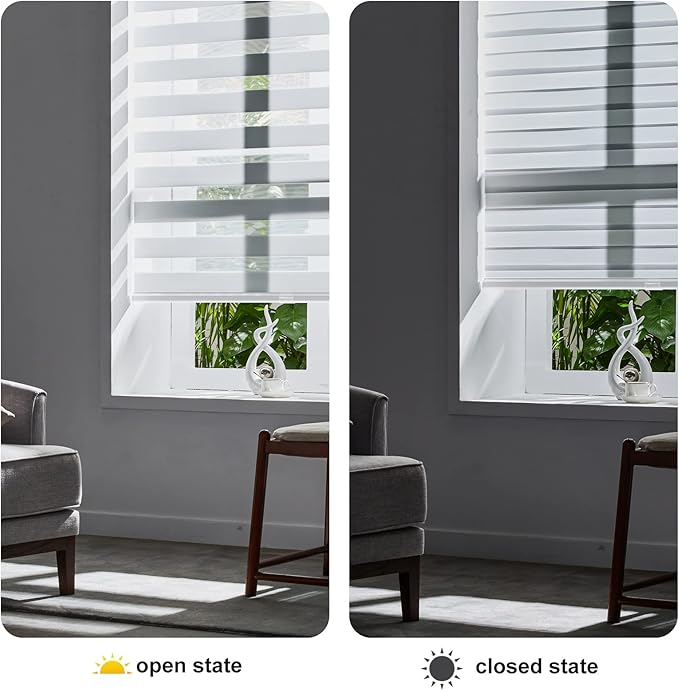 Persilux Cordless Zebra Blinds for Indoor Windows, Free-Stop Zebra Blinds Cordless, Light Filtering Sheer Shades Dual Layer for Day and Night, Zebra Roller Shades for Home (34.25" W X 72" H, White)