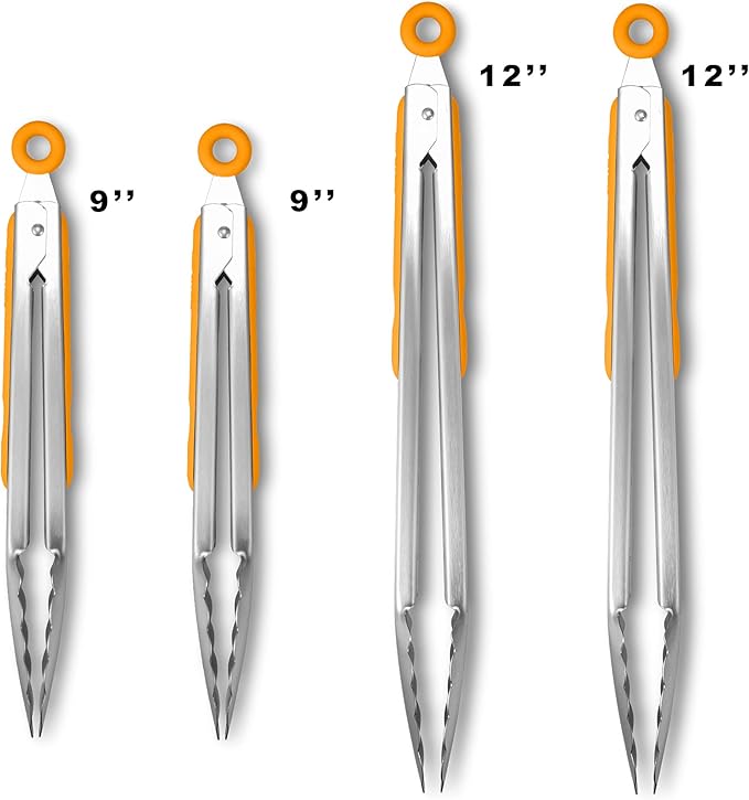 304 Stainless Steel Kitchen Cooking Tongs, 9" and 12" Set of 4 Sturdy Grilling Barbeque Brushed Locking Food Tongs with Ergonomic Grip, Orange