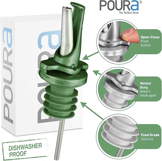 Olive Oil Spout for Olive Oil Dispenser - UK Patented Oil Pourer - Mid Flow Shut Off for Accurate Measurement - One Handed Open & Close Cap Keeps Oil Fresh and Prevents Oxidization - Green 6 Pack