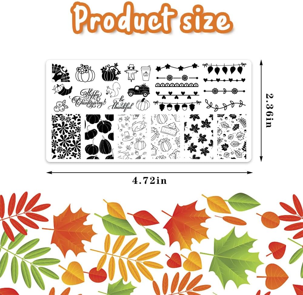 ALIBBON 6 Pcs Fall Nail Stamping Plates Set, Leaves Background Nail Art Stamp Templates, Pumpkin Gnome Stamp Templates Kit, Happy Thanksgiving Day Metal Nail Plates for DIY Printing Decor 4.7×2.4"-BrightBean Baby