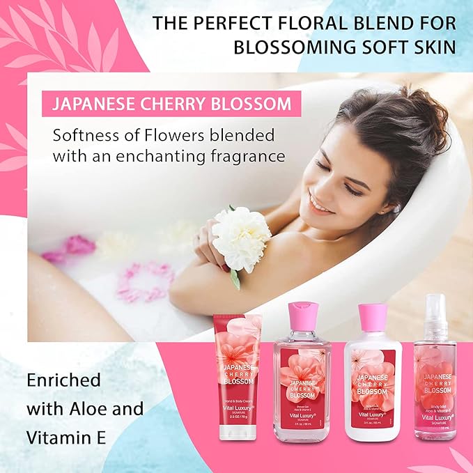 Bath & Body Kit, 3 Fl Oz Travel Size, Ideal Skincare Relaxing Home Spa Set, Includes Body Lotion, Shower Gel, Body Cream, and Fragrance Mist, Bath Gifts for Her and Him (Japanese Cherry-BrightBean Baby