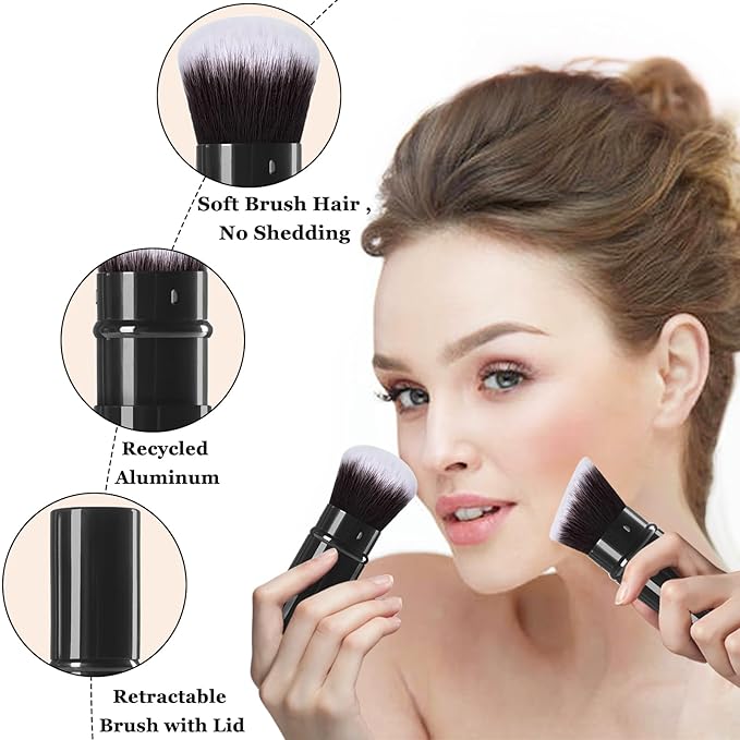 Makeup Brush 2 Pack, Retractable Travel Kabuki Powder Makeup Brush, Foundation Face Blush Brushes for Blending Liquid, Blush, Bronzer, Buffing, Sunscreen,Flawless Cosmetics-BrightBean Baby