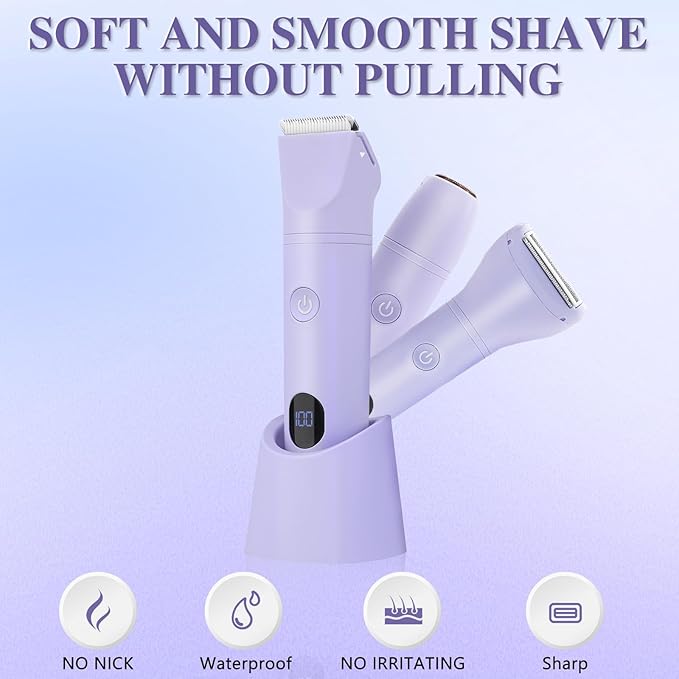 3-in-1 Bikini Trimmer for Women, IPX7 Waterproof Electric Shaver for Women-Rechargeable Electric Razors for Pubic, Facial & Body Hair Trimmer with LED Display, Travel Kit & Painless Blades (Purple)-BrightBean Baby