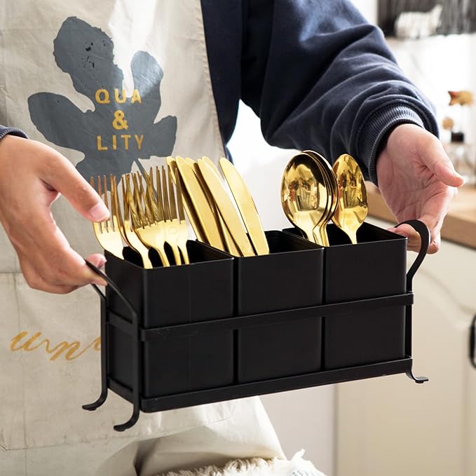 Flatware, Cutlery,Kitchen Utensil & Silverware Caddy Organizer Bin Holder for Forks, Spoons, Knives - Perfect for Kitchen Countertop- Black