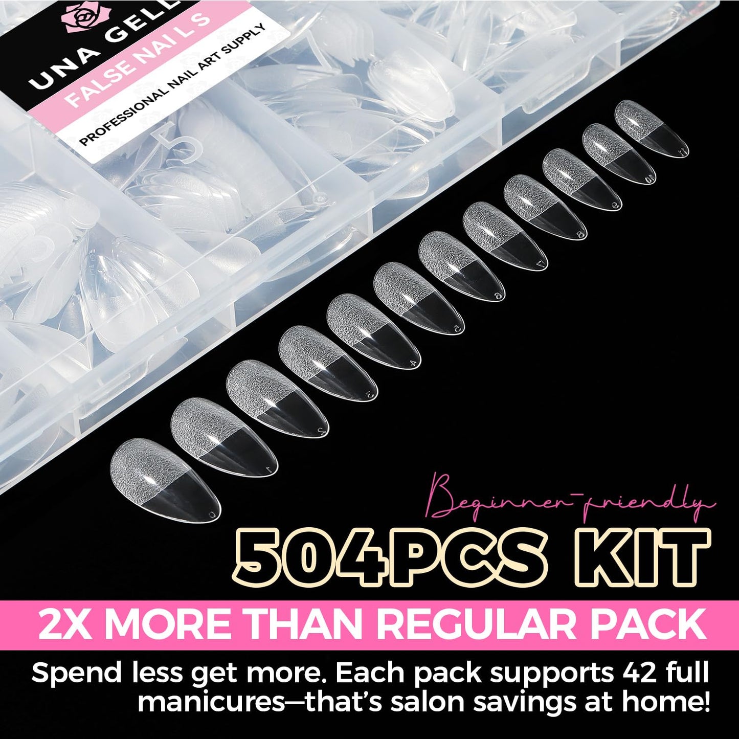 UNA GELLA Almond Gel Nail Tips, 504PCS Pre Etched Clear Fake Nails Tips Medium Almond Shape - 12 Sizes Full Cover Soft Acrylic Press On Nail Extensions No C Curve Gift for Diy at Home-BrightBean Baby