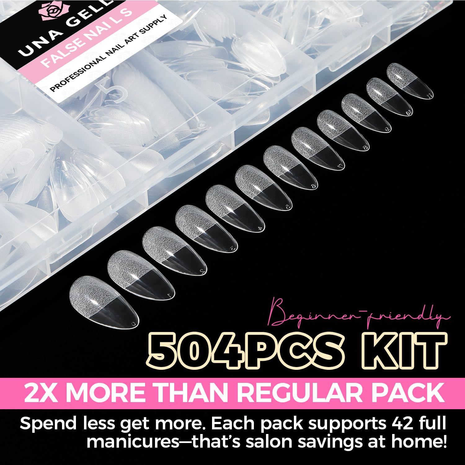 UNA GELLA Almond Gel Nail Tips, 504PCS Pre Etched Clear Fake Nails Tips Medium Almond Shape - 12 Sizes Full Cover Soft Acrylic Press On Nail Extensions No C Curve Gift for Diy at Home-BrightBean Baby