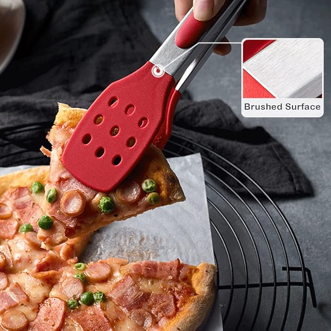 9 Inch Kitchen Tongs, Cooking Tongs with Slotted Silicone Tips and Stainless Steel Handle, Non Stick Heat Resistant Tongs for Cooking, Buffet, Salad Serving (9", Red)