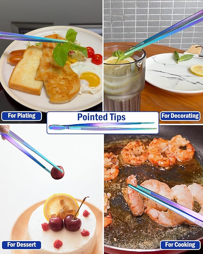 JETKONG 4 Pcs Kitchen Tweezers, 12'' and 10'' Stainless Steel Cooking Tweezers Set, High-Precision Tweezers Tongs for Cooking, Repairing, Seafood and BBQ (Rainbow)