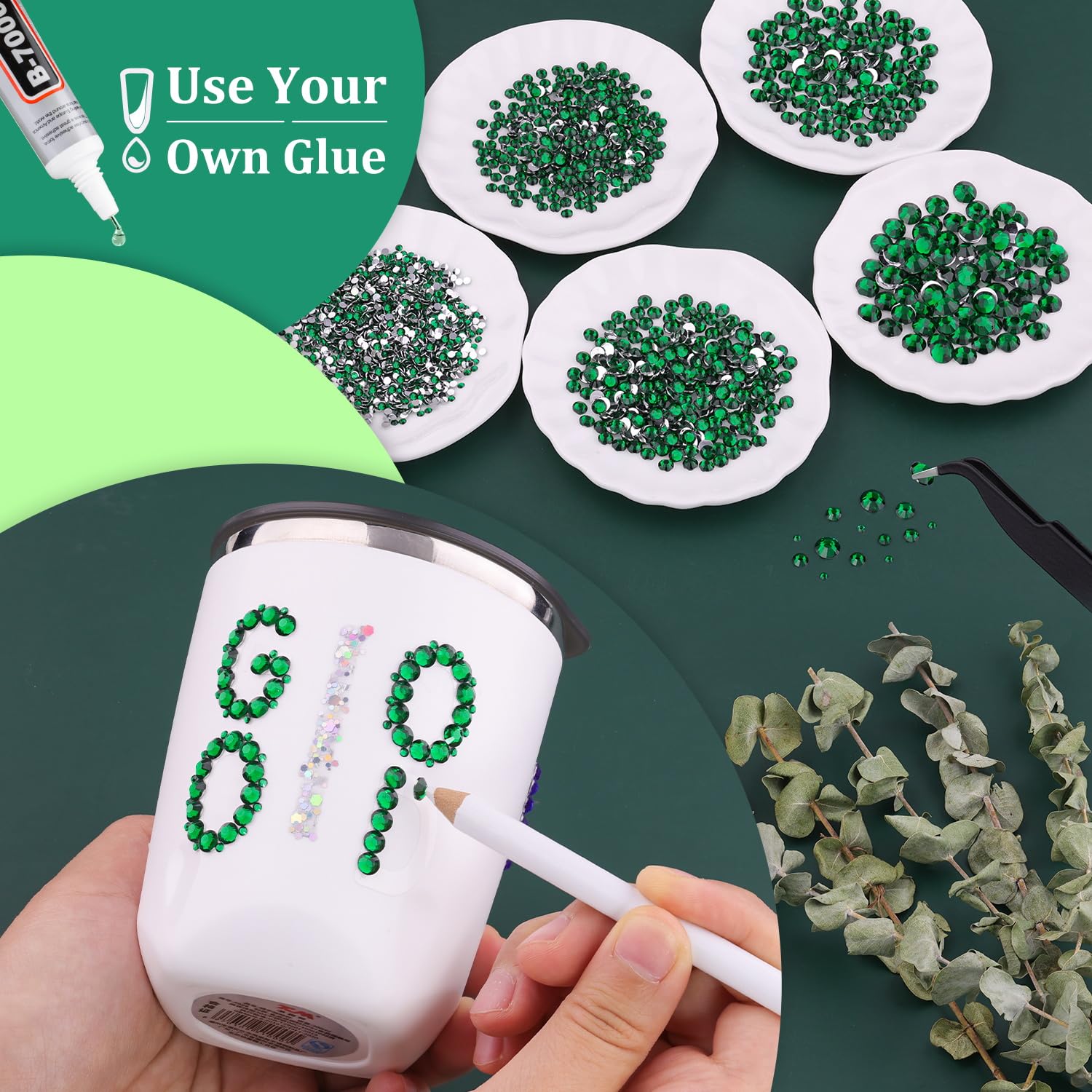 Resin Rhinestones for Crafting, 2 Boxeses Dark Green Multi Sizes Flatback Bedazzling Crystals for Crafts Nail Art Deco, Non Hotfix Gems Charms for Tumbler Shoes Clothing Fabric Face Makeup-BrightBean Baby