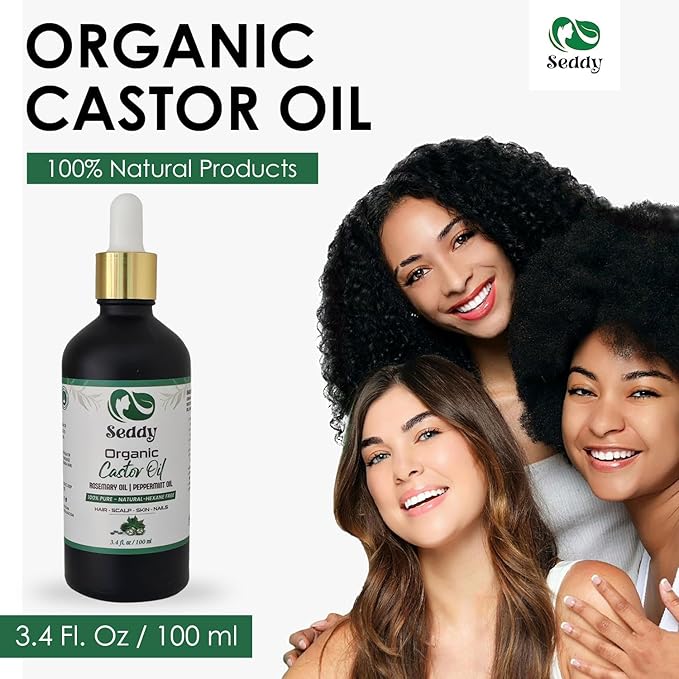 Seddy Organic Castor Oil with Rosemary & Peppermint in Dark Glass Bottle - Cold Pressed | Hexane-Free | Scalp, Hair, Eyelashes, Eyebrows, Skin, & Nails | Hair Treatment Oil - 3.4 Fl. Oz-BrightBean Baby