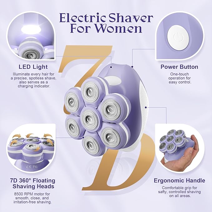 7D Electric Razor for Women: Fast & Painless Full-Body Shaver for Legs & Face – Waterproof Hair Remover with Light & Travel Cover – Wet/Dry Use, Smooth Close Shave, Birthday Mother’s Gift-BrightBean Baby