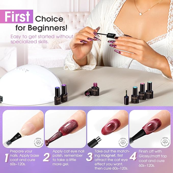 ROSALIND Cateye Gel Polish, 8 Colors Holographic Magnetic Cat Eye Gel Nail Polish Set with Magnet, Red Blue Purple Black Gel Polish Galaxy Collection Nail Art Gift DIY at Home-BrightBean Baby