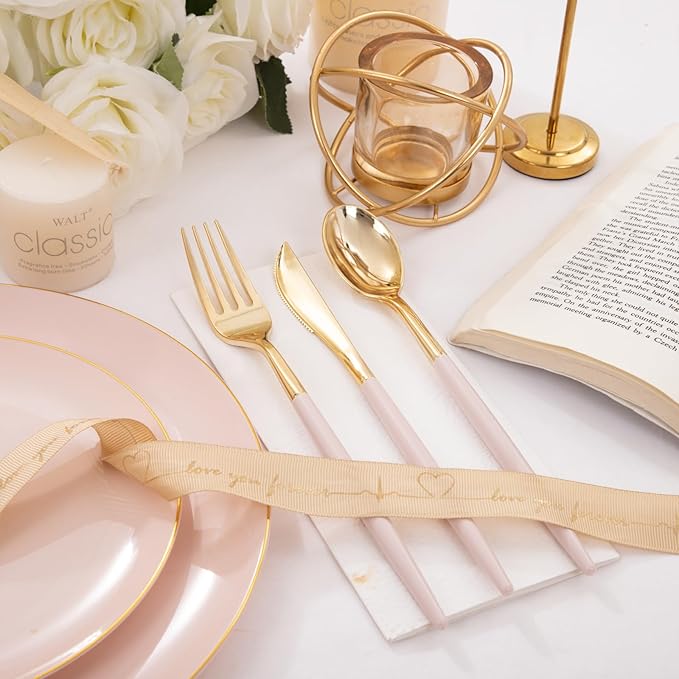 I00000 300 Pack Gold Silverware with Pink Handle, Pink Plastic Utensils Set, Disposable Cutlery include100 Forks, 100 Knives, 100 Spoons,Plastic Cutlery Set for Wedding & Party
