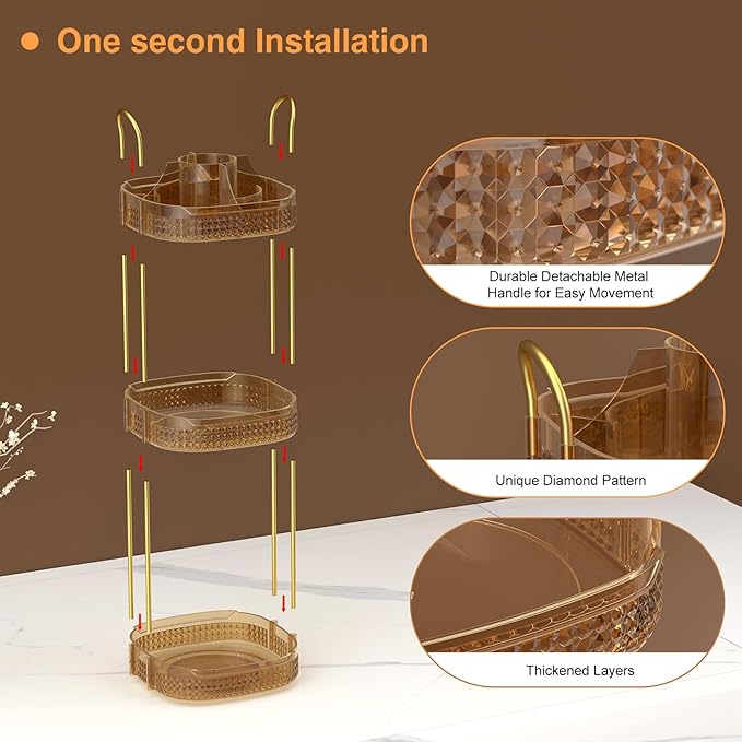 Awenia Rotating Makeup Organizer 360, Stackable Adjustable Large Capacity Cosmetic Storage Unit,Dresser Bathroom Kitchen Countertop Organizer with Metal Handle, Plus Size (Honorable Gold, 3 Tier)-BrightBean Baby