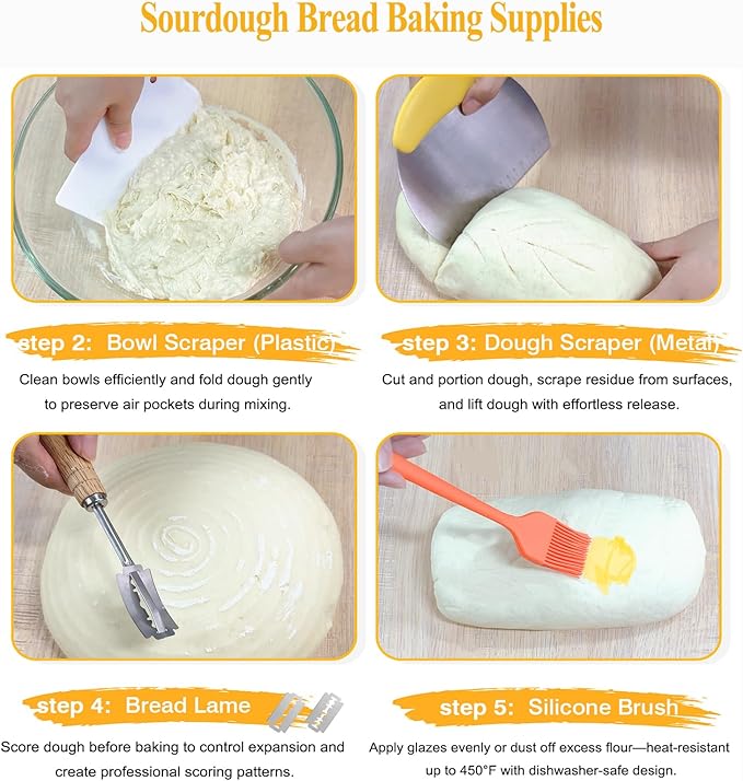 9 & 10 Inch Banneton Bread Proofing Basket Set with Liners,Dough Scraper,Bread Lame & Danish Whisk - Oval and Round Sourdough Baking Kit for Professional & Home Use