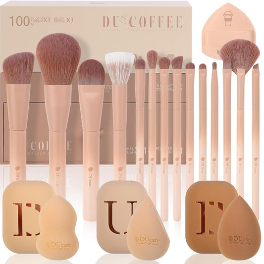 DUcare Makeup Brushes Set 14Pcs Coffee Series Makeup Brush set with Makeup Sponges Gifts Foundation Blending Face Powder Blush Eye Shadows Brushes-BrightBean Baby
