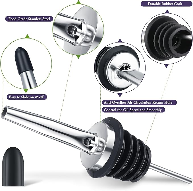 48 Pcs Stainless Steel Bottle Pourers Tapered Liquor Pourers with Rubber Dust Caps Tapered Spouts Set Bar Supplies Vinegar Bottle Dispenser Wine Liquor Spout for Oil Beer Drink Water