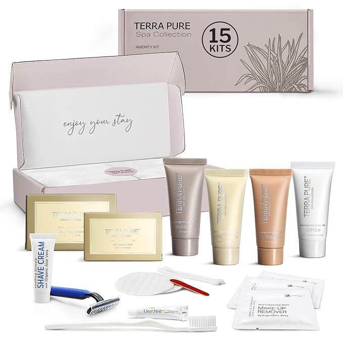 Terra Pure Spa Collection Amenity & Accessory Kit |1 oz Travel Size Shampoo, Conditioner, Lotion, Body Wash, 2 Soap Bars, Shave & Dental Sets, Make-Up Remover Wipes, & Vanity Kit | 15 sets/case-BrightBean Baby
