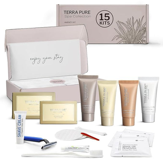 Terra Pure Spa Collection Amenity & Accessory Kit |1 oz Travel Size Shampoo, Conditioner, Lotion, Body Wash, 2 Soap Bars, Shave & Dental Sets, Make-Up Remover Wipes, & Vanity Kit | 15 sets/case-BrightBean Baby