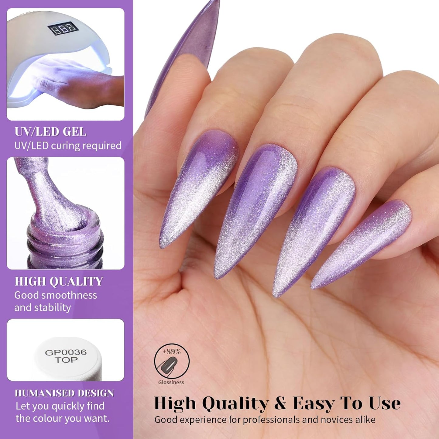 Bright Purple Cat Eye Gel Nail Polish,Crystal Galaxy Holographic Lavender Cateye Gel Polish with Magnet, Purple Gel Silver Shimmer Velvet Soak Off Uv Led Home Diy Manicure GP0100-BrightBean Baby