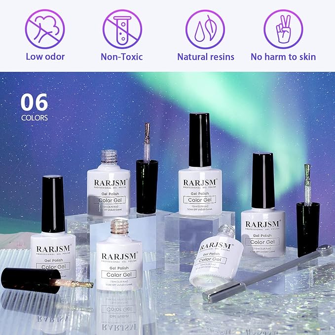RARJSM Aurora Cat Eye Gel Nail Polish Set 6 Colors Velvet Silver Glitter Purple Pink Green Champagne Galaxy Star Cloud Ice Gel Polish with Magnet Stick UV LED Curing Requires Soak Off Home Salon-BrightBean Baby