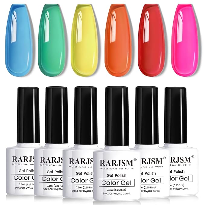 RARJSM Colorful Stained Glass Gel Nail Polish Set 6pcs Clear Crytal Blue Green Yellow Orange Red Neon Pink Series Transparent Sheer Amber Milky Gel Varnish LED UV Curing Requires French Manicure-BrightBean Baby