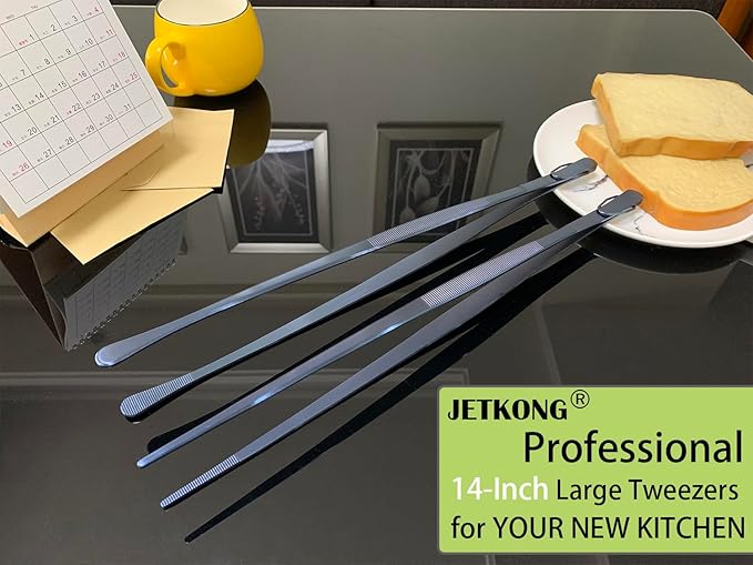 JETKONG 2 Pcs 14-Inch Cooking Tweezer Tongs Extra- Long Stainless Steel Kitchen Tweezers Plating Tongs (Navy Blue)