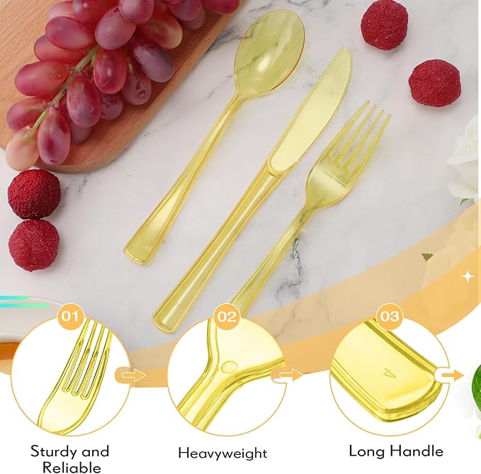 Minatee 150 Pieces Disposable Cutlery Set Plastic Silverware Heavy Duty Utensil Sets 50 Forks 50 Knives 50 Spoons for Home Office School Party Picnics Restaurant Outdoor Events(Yellow)