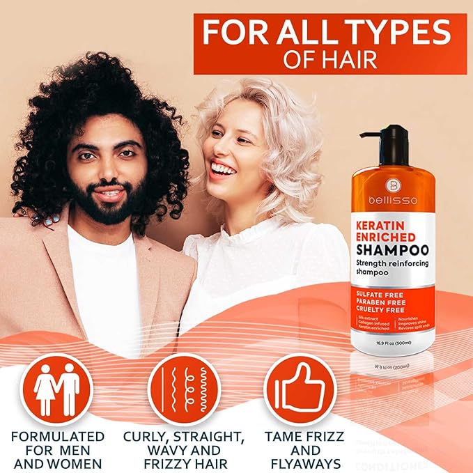 Keratin Enriched Shampoo - Sulfate and Paraben Free - Anti Frizz Treatment for Women and Men – Professional Salon Grade Repair Formula with Silk Protein for Dry, Frizzy Damaged and Color Treated Hair-BrightBean Baby