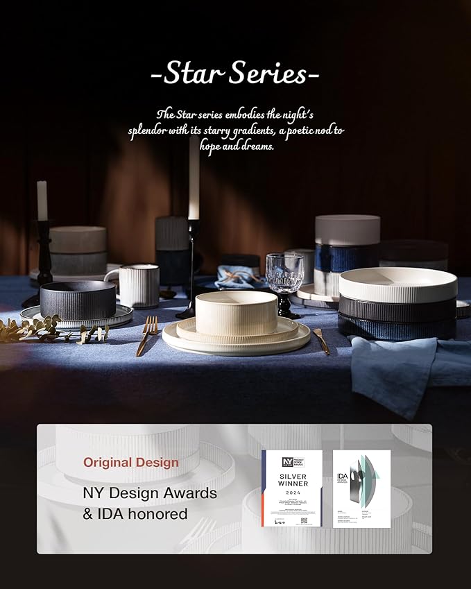 famiware Star 8.25" Pasta Bowls, Large Dinner Bowls Set of 4, Salad Bowl Plates, Shallow Bowls for Eating, Smoky Blue