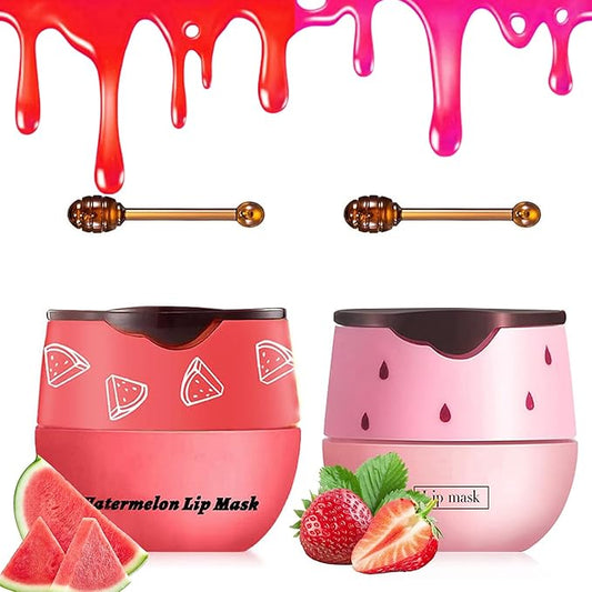 2 PCS Bee Lip Balm Honey Pot, Strawberry & Watermelon Lip Sleeping Masks Overnight, Hydrating Prevention Dry and Cracked Lip Scrubs Exfoliator Lip Care, Reduces Lip Lines-BrightBean Baby