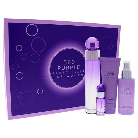 Perry Ellis 360 Purple Women 3.4oz EDP Spray, 7.5ml EDP Mini Spray, 4oz Body Mist, 3oz Shower Gel 4 Pc Gift Set-BrightBean Baby
