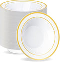 BESTVIP 100 Pack Plastic Bowls with Gold Rim, 12 oz Disposable Soup Bowls, Heavy-duty Dessert Salad Bowl for Party, Wedding, Christmas, Thanksgiving, Dinner, Catering