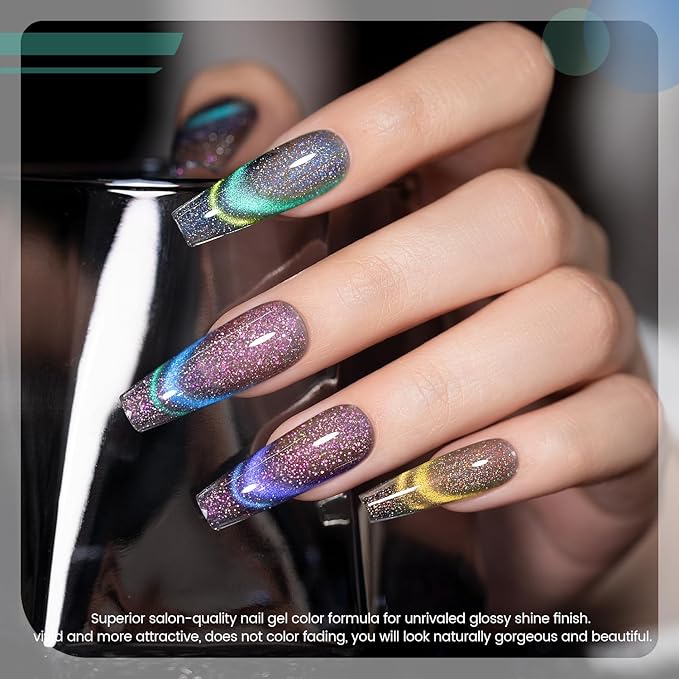 RARJSM 9D Chameleon Glass Cat Eye Gel Nail Polish Set 6Pcs Pink Purple Blue Green Yellow Multi Color Cateye Galaxy Shimmer Gradient Effect with Magnetic Stick UV LED Curing Require Home Salon-BrightBean Baby