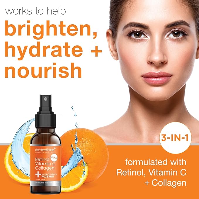 3 in 1 Super-Charged Anti-Aging Face Mist w/Retinol, Vitamin C + Collagen | Hydrates, Refreshes & Brightens for a More Glowing Complexion | 2 fl oz, 60 ml-BrightBean Baby