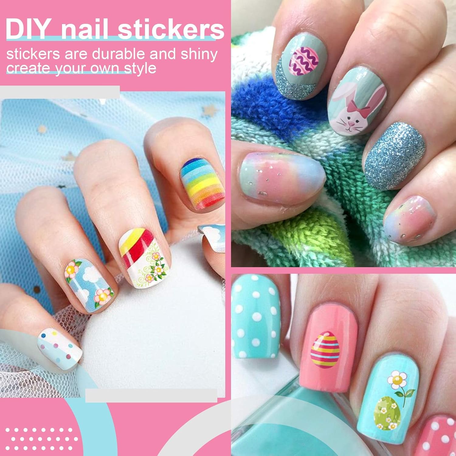 Kalolary 8 Sheet Easter Nail Art Stickers Self Adhesive Easter Nail Stickers DIY Nail Decals Bunny Eggs Chick Rabbits Flower Nail Design Sticker Nail Decoration for Women Girls Kids-BrightBean Baby