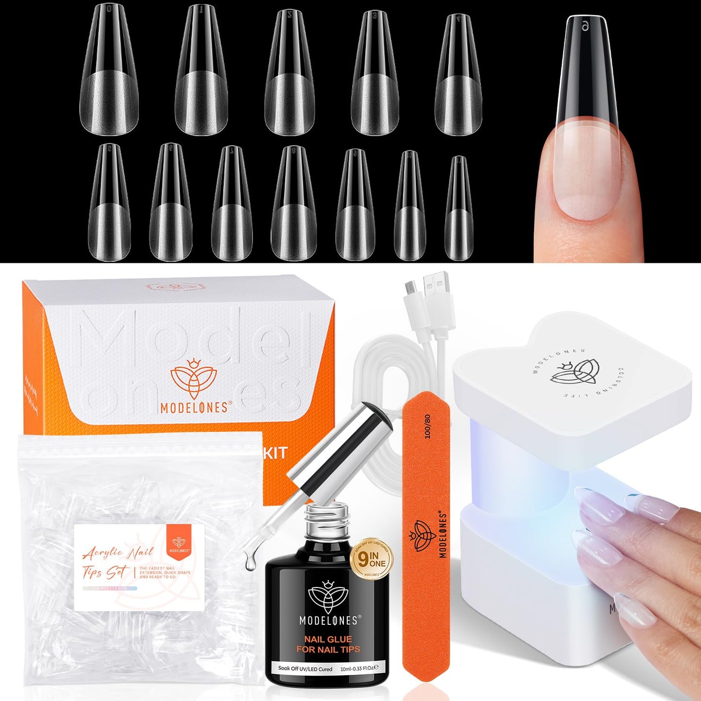 modelones Long Coffin Gel Nail Tips Kit, 9-in-One Nail Glue with Portable U V Lamp 216Pcs 12Sizes Pre-Etched Press ons Fake Acrylic Extension Kit DIY Salon Gift for Women-BrightBean Baby