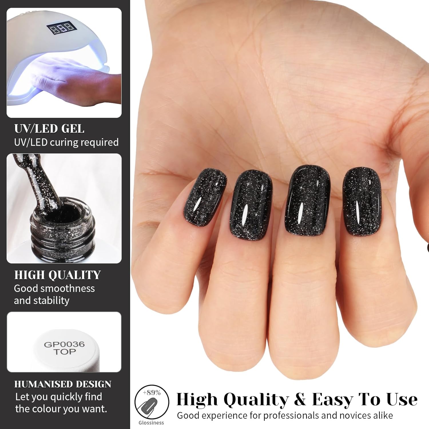 Glitter Black Gel Polish,Sparkle Shimmer Black Glitter Gel Nail Polish,15ml Soak Off UV Gel Polish for DIY Manicure, Gifts for Women Grils - GP0065-BrightBean Baby