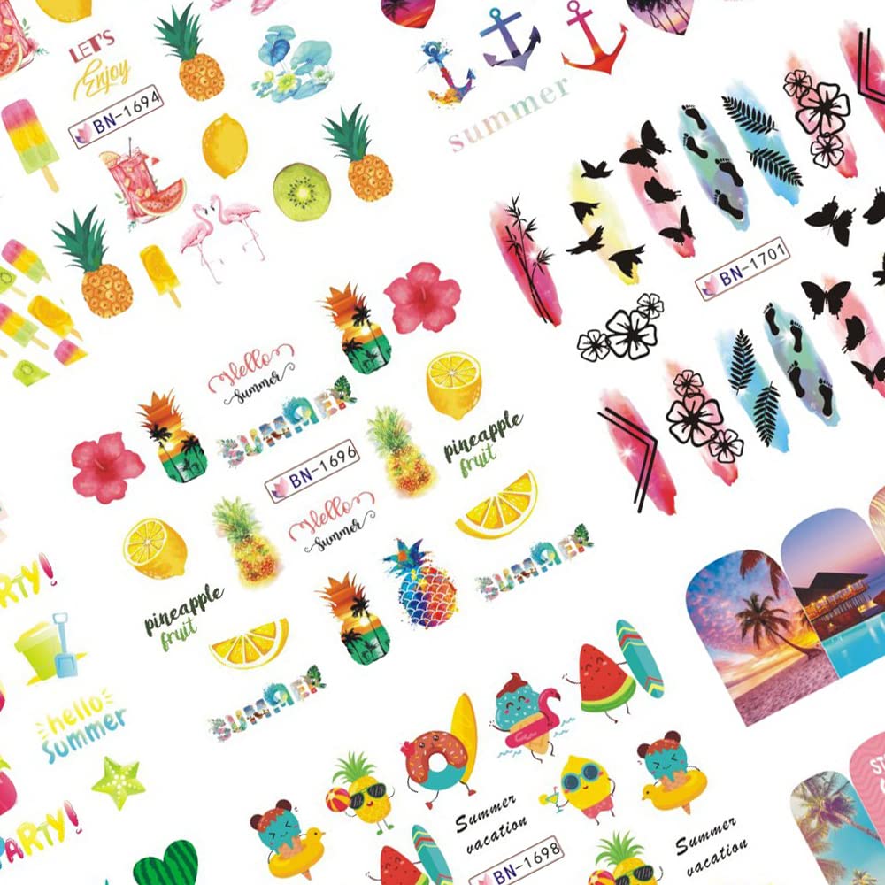 Summer Nail Art Stickers Decals, 12 Sheets of Fruit Hawaii Design Water Transfer Nail Slider Tattoos Holographic Colorful Pineapple Watermelon Pattern Acrylic Nail Art for Summer DIY Nail Decoration-BrightBean Baby