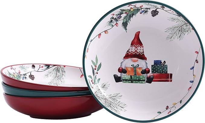 Bico Christmas Gnomes Pasta Bowls, 35oz Salad Bowl Set of 4, Large Ceramic Serving Dinner Bowls for Soup and Cereal, Microwave and Dishwasher Safe, Gift for Housewarming and Thanksgiving