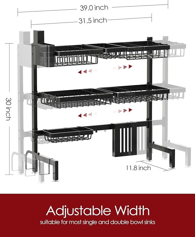 Dish Drying Rack - Over The Sink Dish Drainer Drying Rack with Utensil & Knife Holder, Hooks, Stainless Steel Kitchen Organizers and Storage Solution, 11.8" D x 31.5"~39.0''W x 30" H, Black