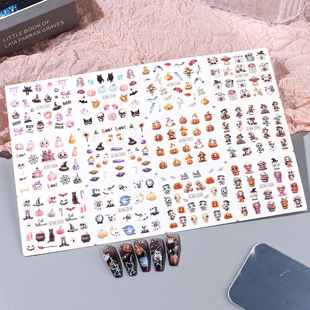 Halloween Pumpkin Nail Art Stickers Decals, 12Pcs Cute Ghost Skeleton Bat Pattern Water Transfer Nail Foils Decals for Halloween Nail Art Decoration Watermark Acrylic Stickers for Manicure DIY Supply-BrightBean Baby