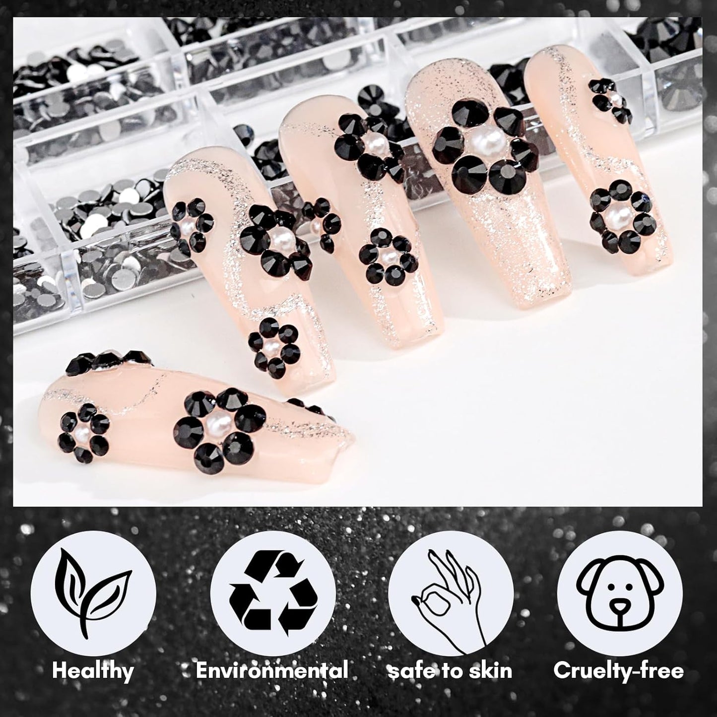 Makartt, 1110 Pcs Rhinestones Set, Black, Round, Multi-Size, Glass or Crystal, for DIY Crafts, Nail Art Supplies Accessories, Christmas Gift-BrightBean Baby