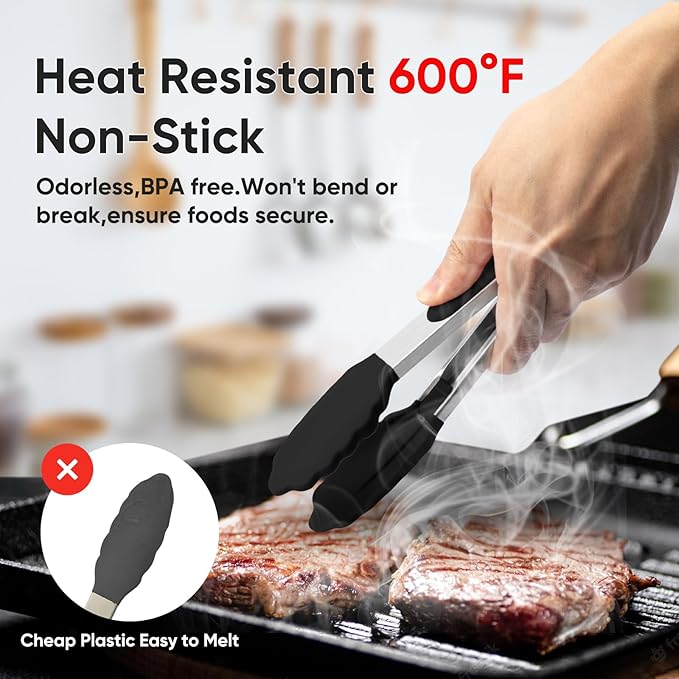 Small Silicone Tongs for Cooking,3 PCS 7-Inch Mini Serving Tong-600°F Heat Resistant Non Stick Stainless Steel Tong s with Silicone Tips Food Tong Cooking Tongs for Salad,Buffet Serving(Black)